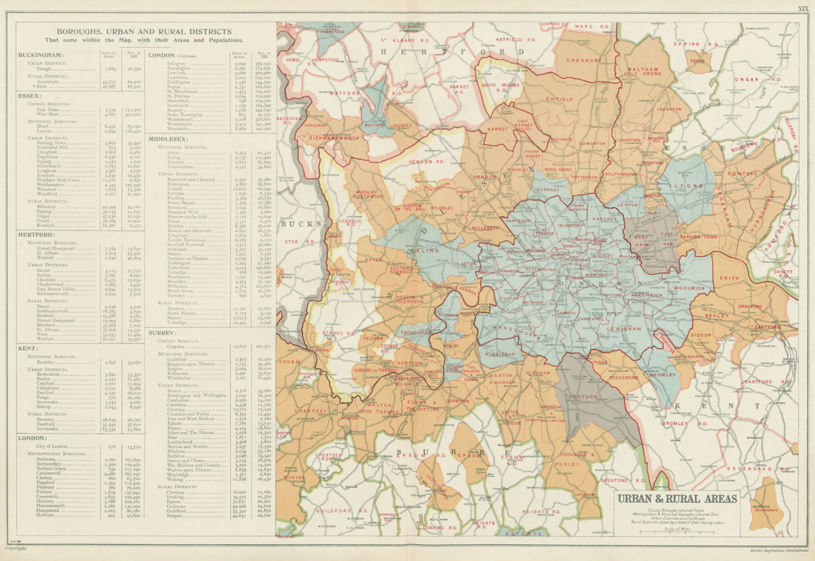 LONDON showing Municipal Boroughs, Urban Districts & Rural areas. BACON 1934 map
